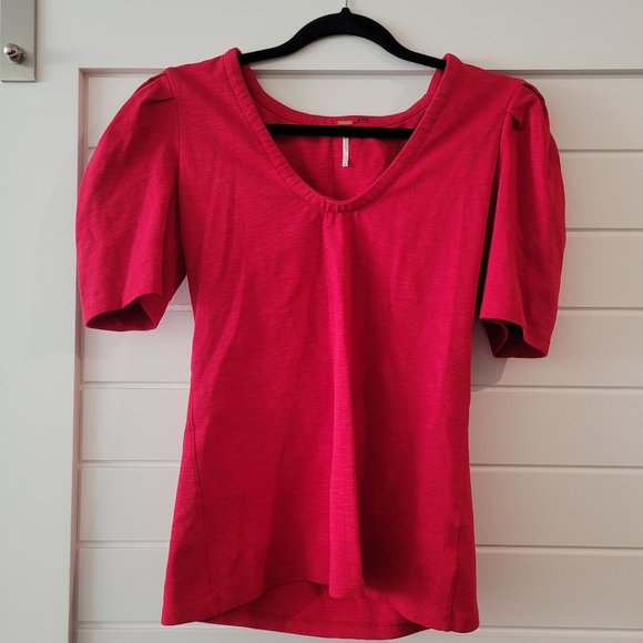 Free People Red Stretchy Puff Sleeve Top, Cute for Layering - Picture 1 of 2